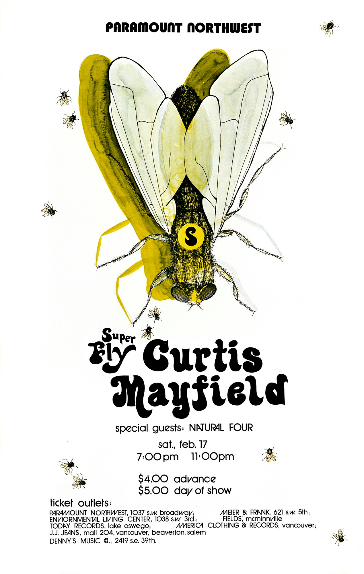 Publicity poster for a Curtis Mayfield concert, 1973. Image via John Kisch Archive/Getty Images.